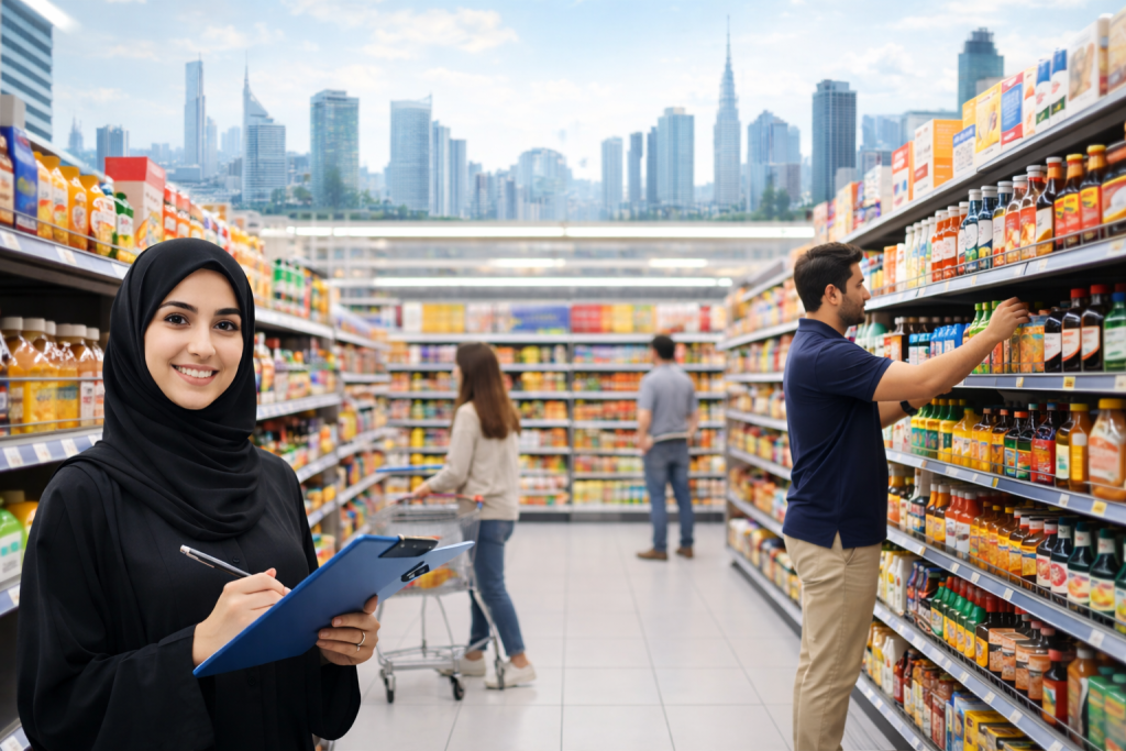 Retail merchandising team organizing FMCG products on supermarket shelves in UAE store
