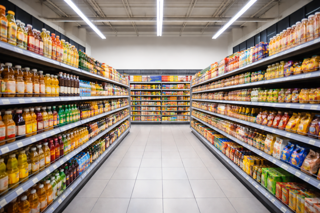 Retail merchandising solutions in UAE supermarket with neatly organized FMCG products on modern store shelves